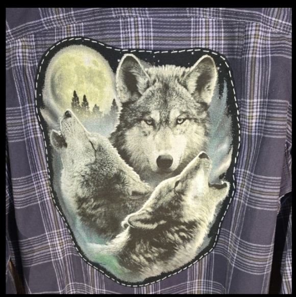 Upcycled Plaid Button Down Shirt with Wolf Design - Picture 11 of 11